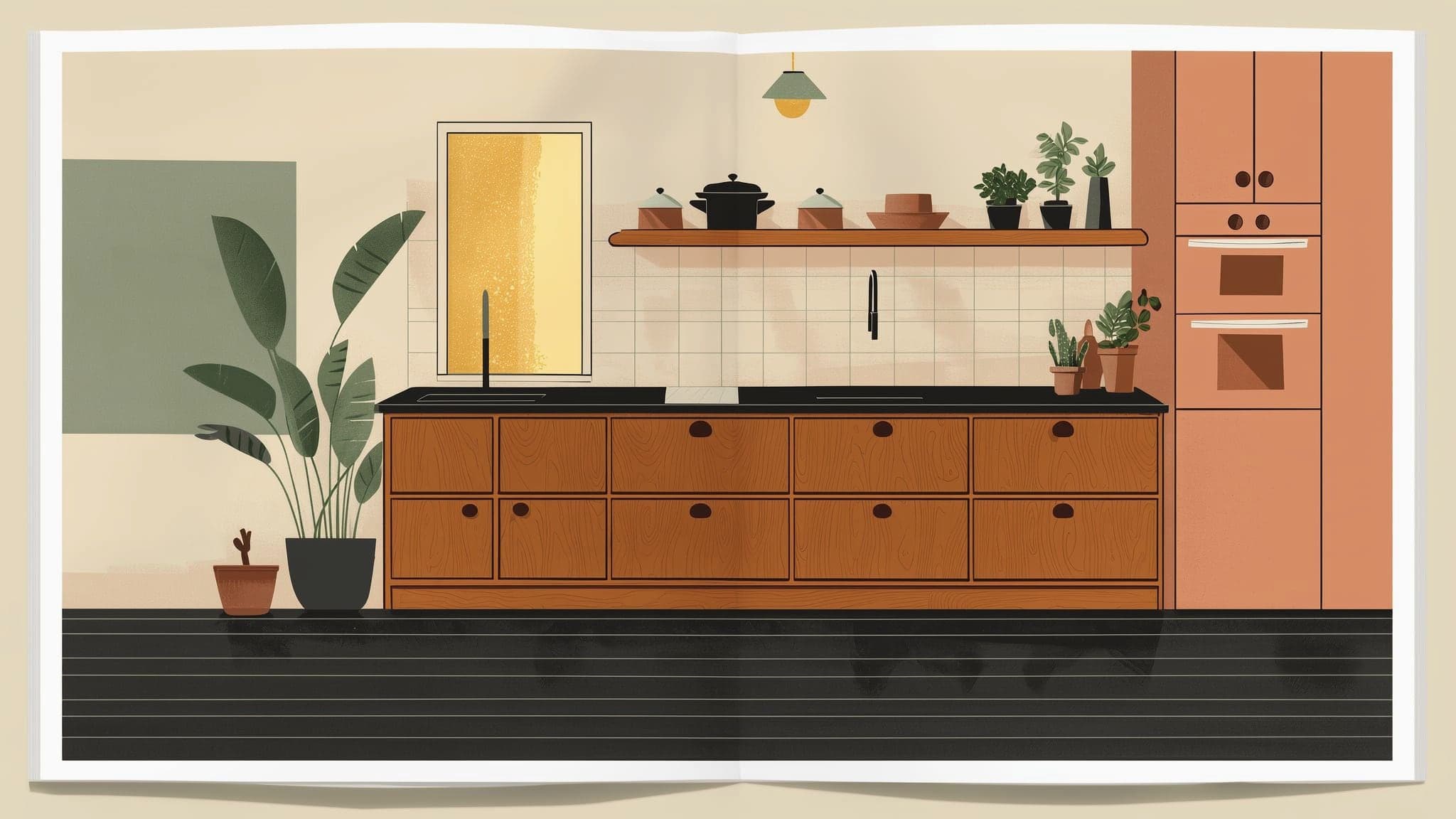 Illustrated editorial spread of a mid-century Portland kitchen