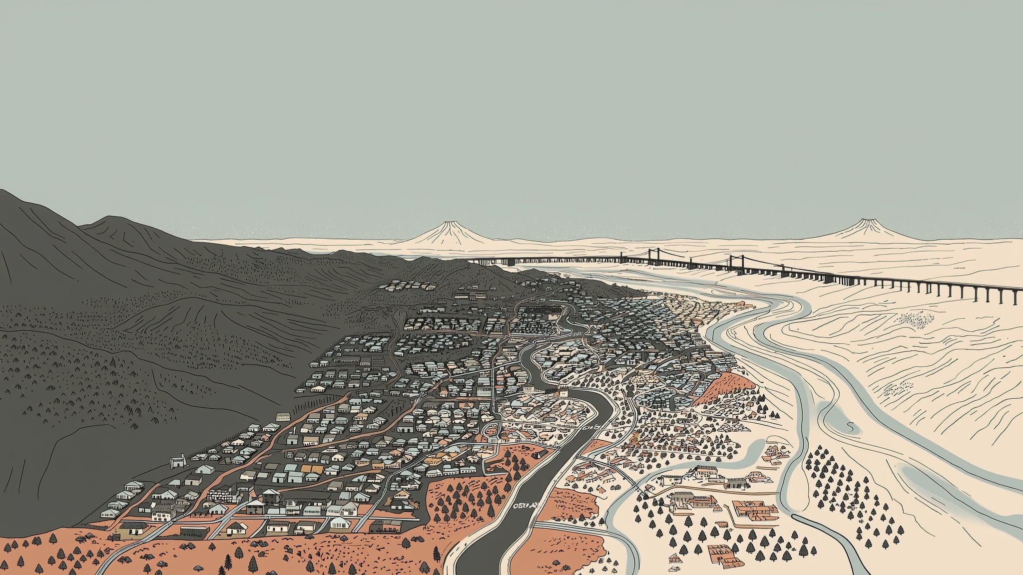 Illustrated view of Portland's neighborhoods and the West Hills