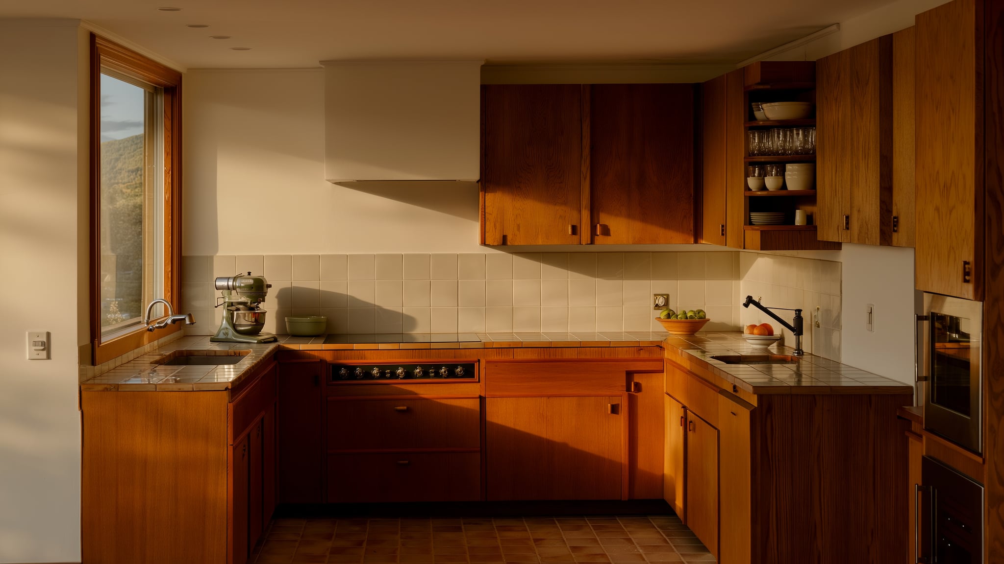 Moody vintage kitchen interior with warm sunlight and wood cabinets