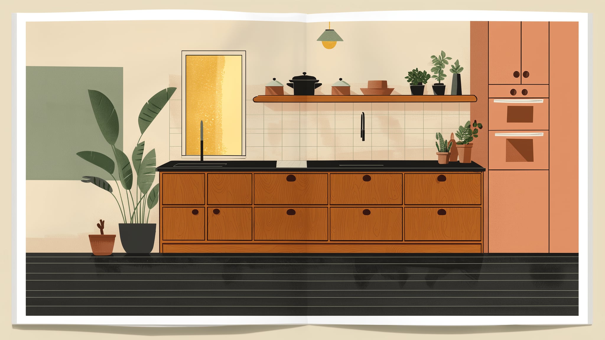 Illustration of a mid-century Portland kitchen with white oak cabinetry