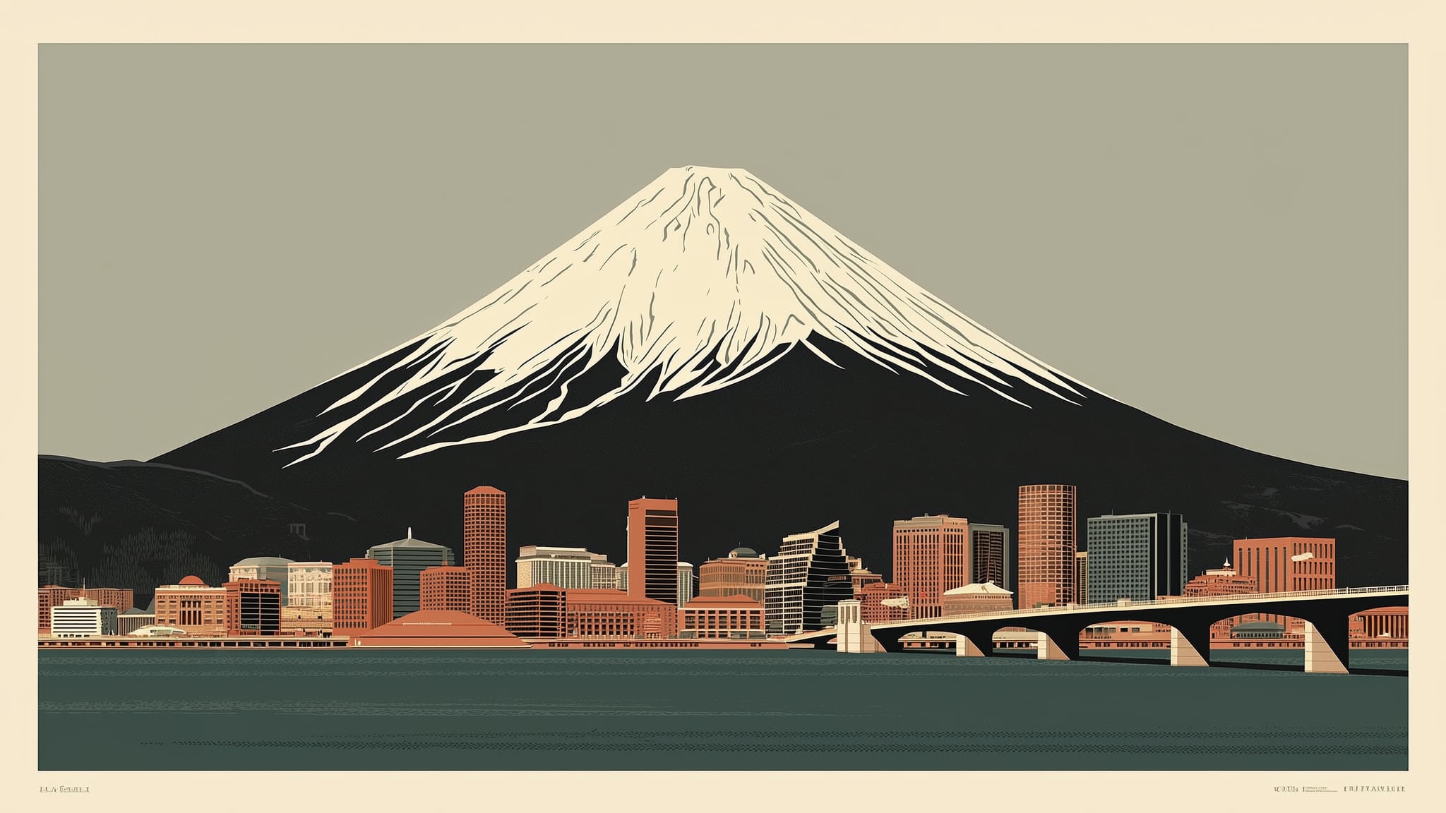 Illustration of the Portland, Oregon skyline with Mount Hood at dusk
