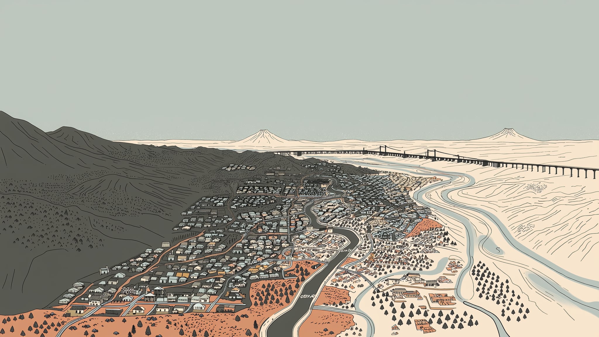 Illustrated map of Portland, Oregon neighborhoods with rivers, bridges, and Mount Hood