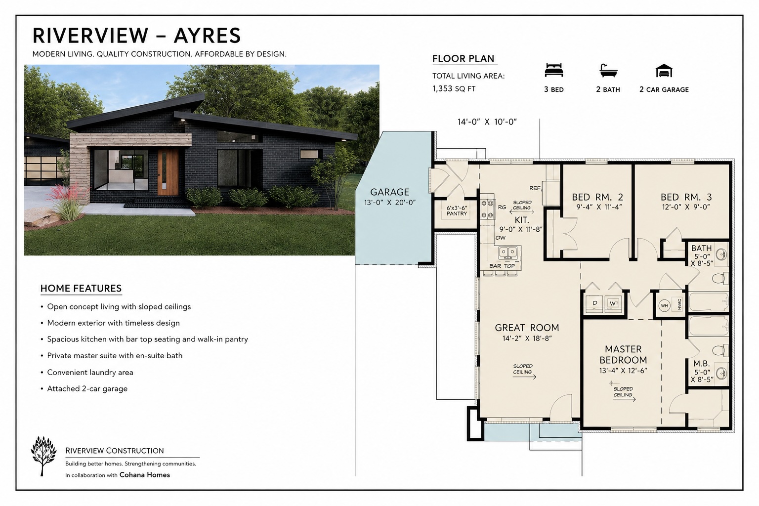 Riverview Ayres floor plan — 1,353 sq ft, 3 bed, 2 bath, 2 car garage